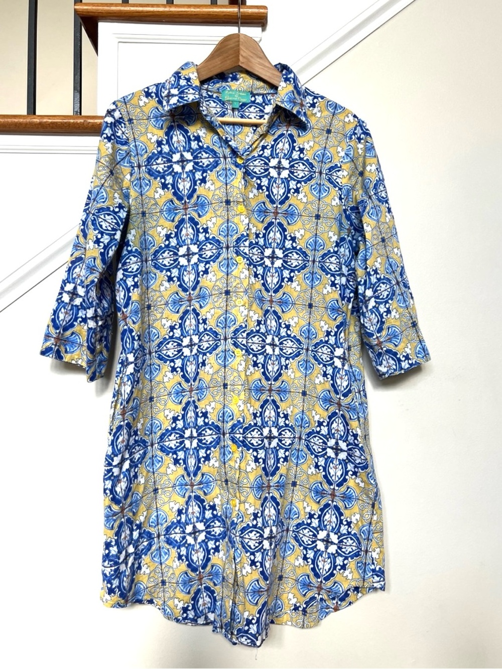 Antica Sartoria Giacomo Cinque 100% cotton shirtdress Italian blue yellow L